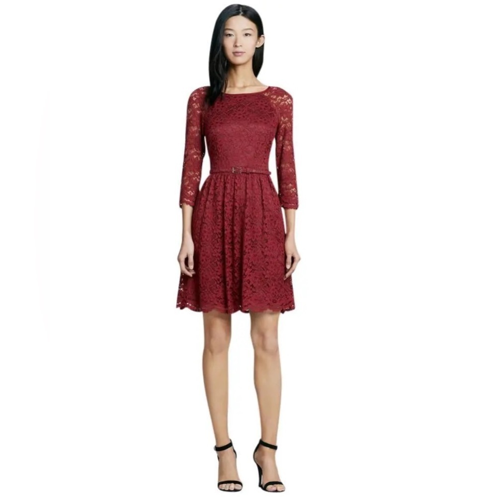 Trina Turk Lace Rosalind Cocktail Dress in Red Oxblood 3/4 Sleeve NWT Size 6